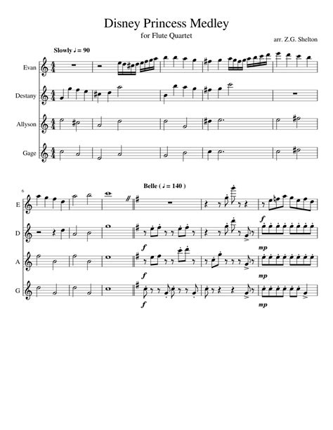 Disney Princess Medley Sheet Music For Flute Woodwind Quartet
