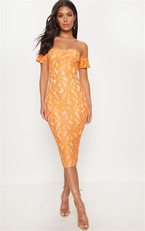 tangerine lace bardot midi dress dresses prettylittlething uae