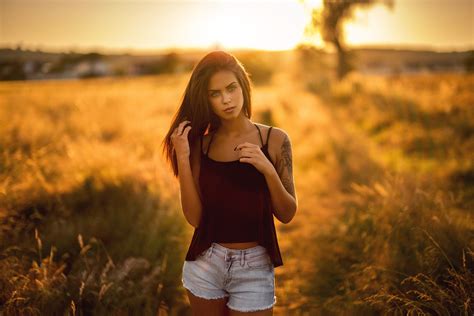 Wallpaper Sunlight Women Outdoors Model Sunset Nature Brunette Tattoo Jean Shorts