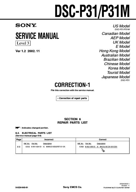 SONY DSC-P31 CORR LEVEL-3 VER-1.2 Service Manual download, schematics