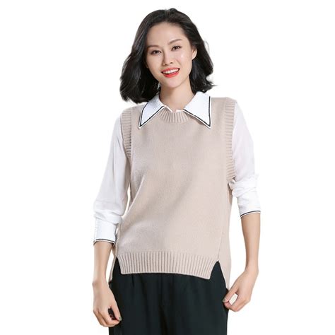 women s cashmere sleeveless knitted wool round neck vest long rear split hem 2018 spring female