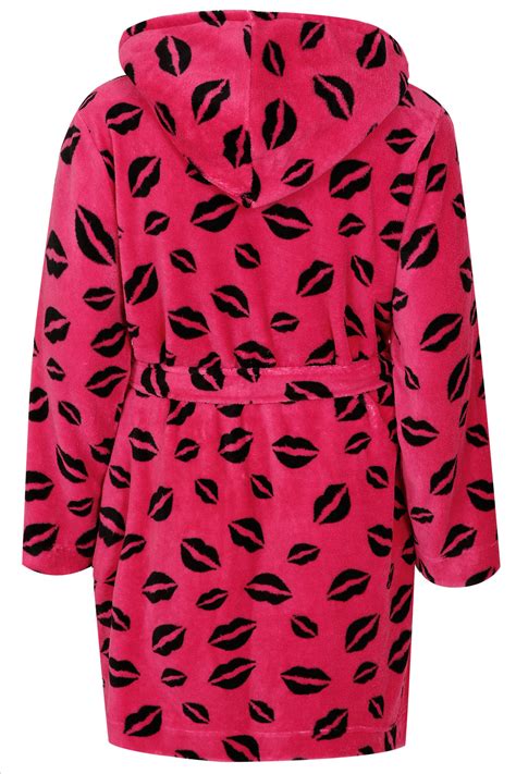 Hot Pink And Black Lip Print Fleece Dressing Gown 14 1618 2022 2426 28