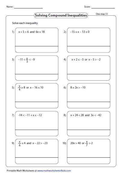 The pages below all have printable algebra worksheets for teaching students to solve and graph inequalities. Compound Inequalities worksheets