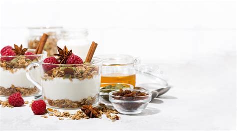 Spicy Dessert With Sweet Granola Raspberries And Yogurt Stock Image