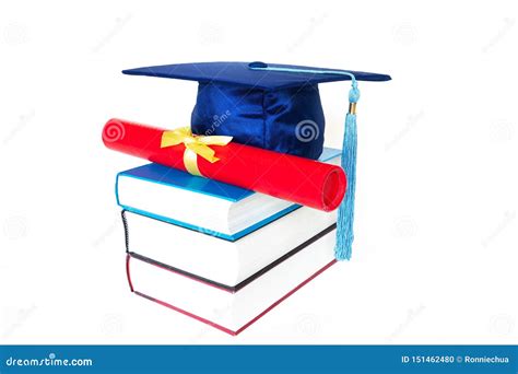 Graduation Cap With Diploma On Books Isolated On White Background Stock