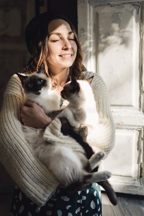 Woman With Two Siamese Cats Stock Image Image Of Feline Female
