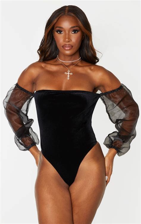 Black Velvet Sheer Puff Sleeve Bardot Bodysuit Holiday Fashion Trends Puff Sleeve Bodysuit