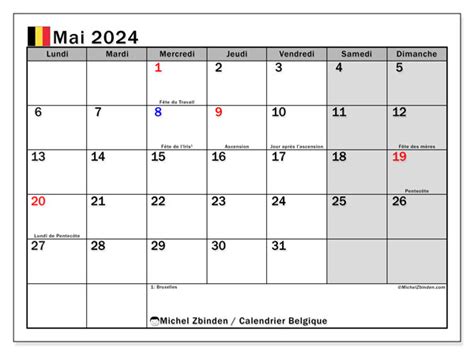 Calendrier Mai 2024 Belgique Michel Zbinden Be