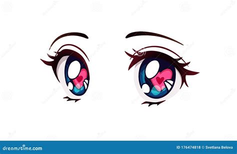 Happy Anime Style Big Blue Eyes With Hearts Hand Drawn Vector