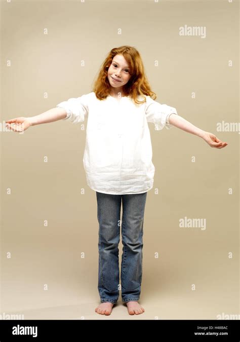 Girls Red Haired Expectantly Gesture Arms Spread Child Long