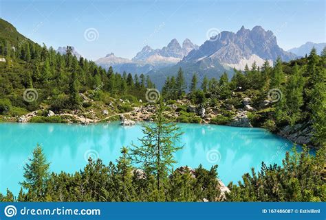 Turquoise Sorapis Lake With Dolomite Mountains Italy Europe Stock