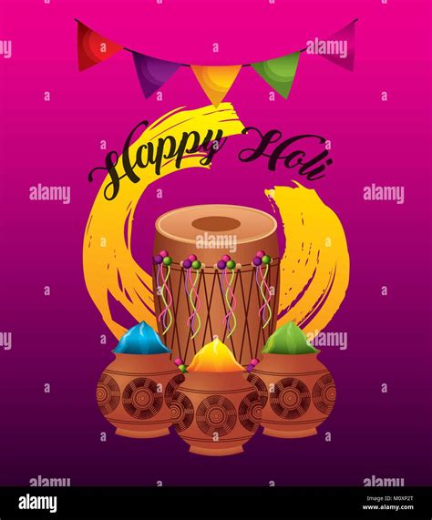 Happy Holi Greeting Card Dholak Gulal Powder Color Stock Vector Image