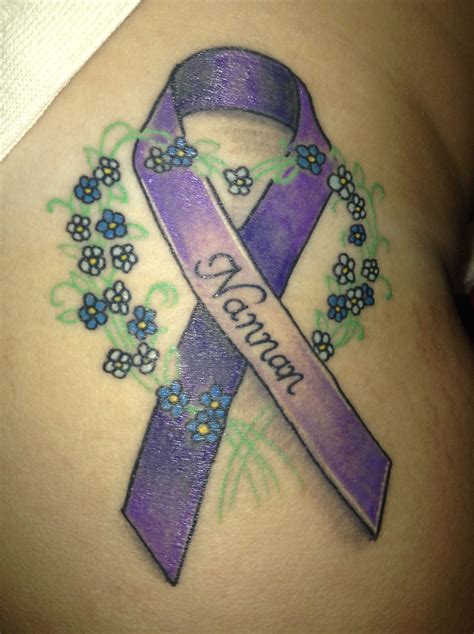 Alzheimers Ribbon Tattoo For My Nannan With Forget Me Not Flowers X Lilac Tattoo Alzheimers