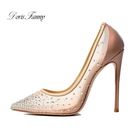 Doris Fanny Good Quality Crystals Nude Wedding Shoes Sexy Party Stiletto High Heels Large Size