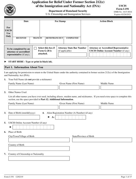 Uscis Form I 191 Download Fillable Pdf Or Fill Online Application For