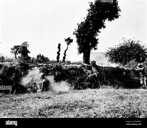 American Infantrymen Fire From Behind Hedgerows As They Battle The