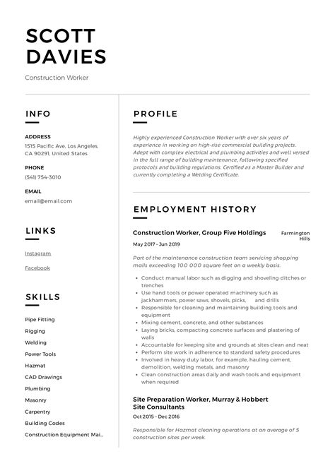 Construction Resume Template Free
