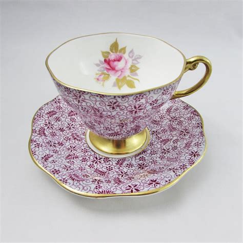 Foley Tea Cup And Saucer Set With Pink Rose And Purple Chintz Etsy