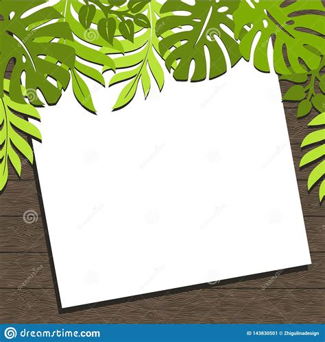 Frame With Tropical Plants And Leaves On A Dark Brown Wooden Background Stock Illustration