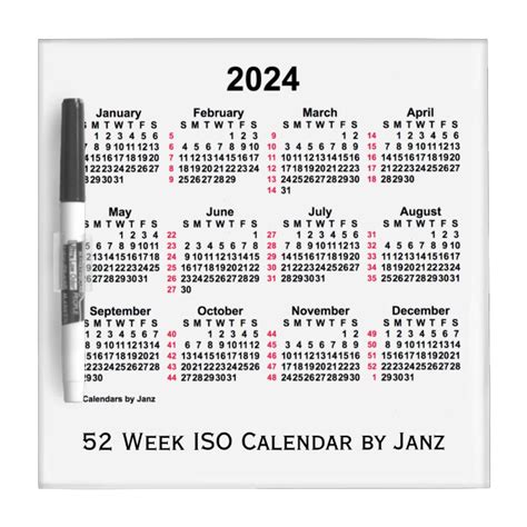 2024 White 52 Week Iso Calendar By Janz Dry Erase Board
