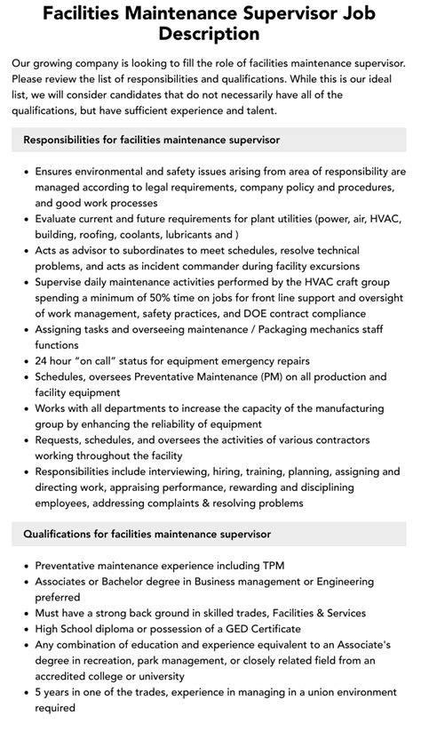 Facilities Maintenance Supervisor Job Description Velvet Jobs
