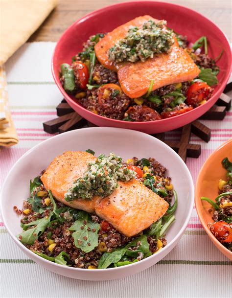 Seared Salmon And Salsa Verde With Summer Vegetable And Quinoa Salad