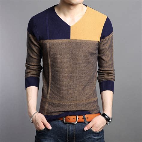 Male Slim V Neck Patchwork Cotton Winter Business Casual Sweaters