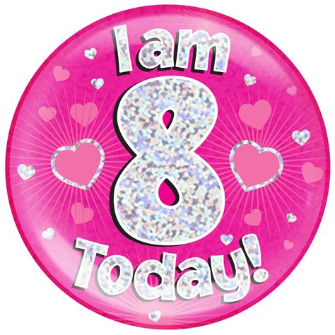 Jumbo Badge I Am 8 Today Pink Holographic Dot 6 Inches