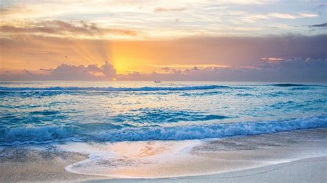 Beautiful Ocean Waves Beach Sand During Sunset Under White Yellow Clouds Sky Hd Ocean Wallpapers