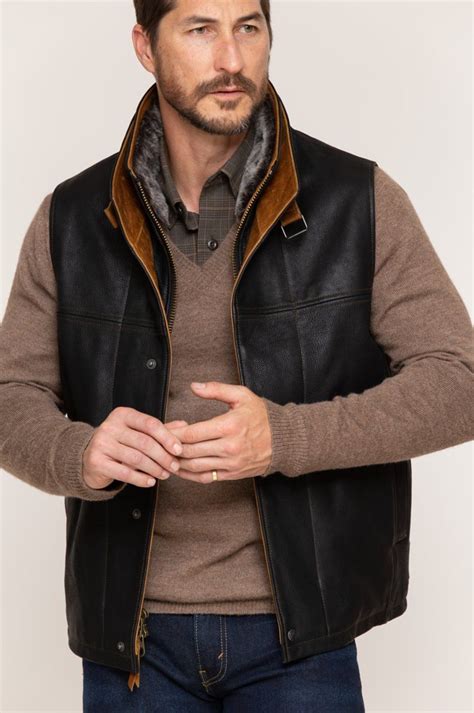 Trekker Goatskin Leather Vest With Merino Shearling Collar Leather