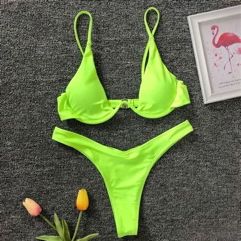 Neon Green V Bar Underwire Bikini 2019 Female Swimsuit Women Swimwear Two Piece V Shape Wire