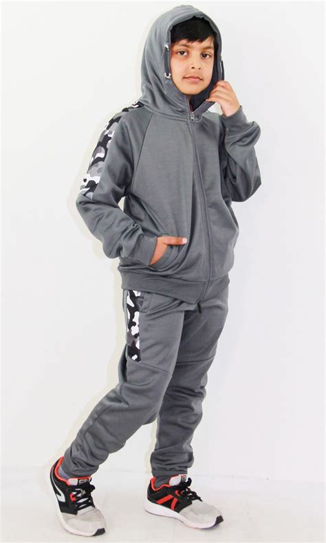Kids Boys Girls Tracksuit Camouflage Side Panelled Hooded Top Bottom