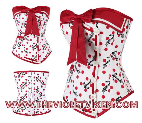Red Polka Dot And Nautical Anchor Print On This Steel Boned Corset