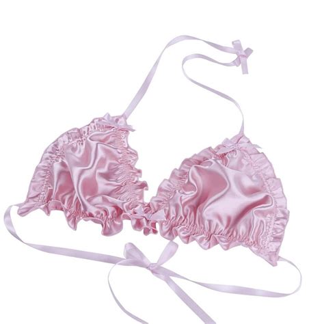 2021 Iefiel Sissy Mens Ruffled Frilly Shiny Lingerie Set Strappy Halter Bikini Bra Top With