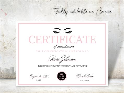 Lash Certificate Of Completion Template Editable Eyelash Etsy