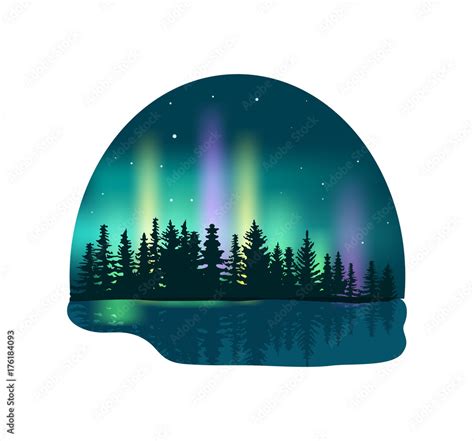 Northern Lights Over Deep Forest Isolated Icon Colorful Aurora