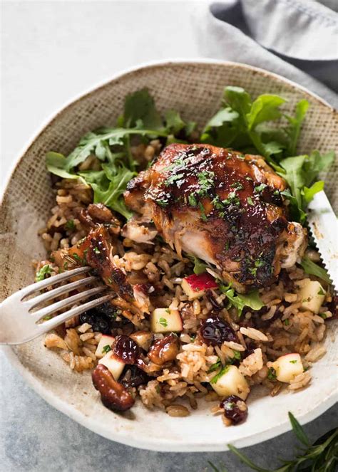Remove chicken from pan, dump sauce pan ingredients into pan with chicken drippings. Oven Baked Chicken and Rice Pilaf (Cranberry, Walnut ...
