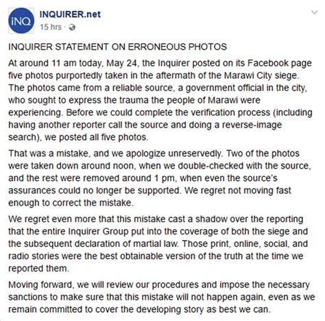 Must Read Inquirer Releases Statement About Allegedly Fake News On Marawi Incident
