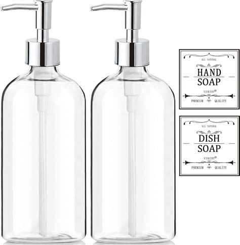 Clear Soap Dispenser With Rust Proof Pump Waterproof Labels 2 Pack16 Oz Soap