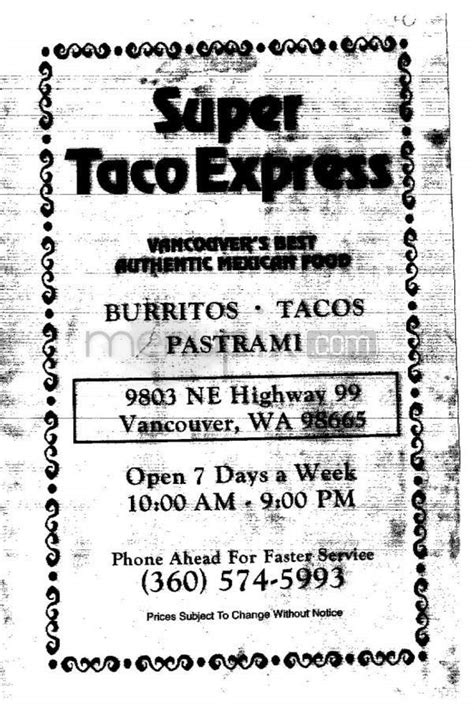 W 12th ave, manitoba st, w 2nd ave, w 6th ave, cambie st, w 5th ave, w 8th ave, west broadway, e 5th ave, stamps landing. Menu of Super Taco Express in Vancouver, WA 98665