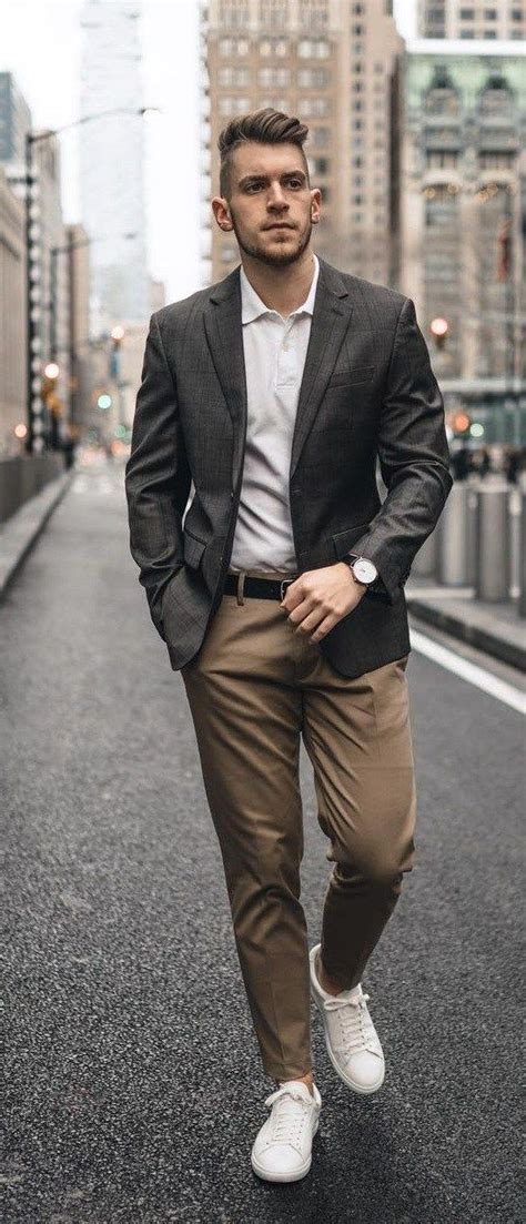 Polo Shirt Chinos And Blazer With Sneakers Outfit For Men Casual Dress