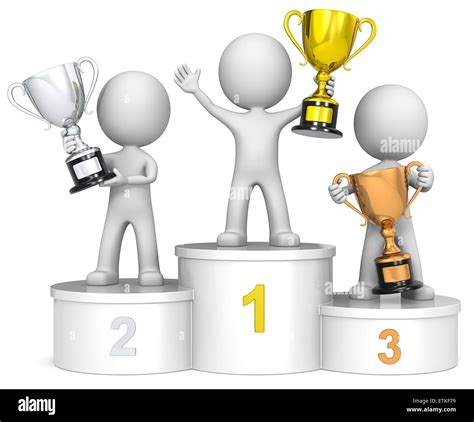 The Dude 3d Characters On Winners Podium Holding Trophies Stock Photo