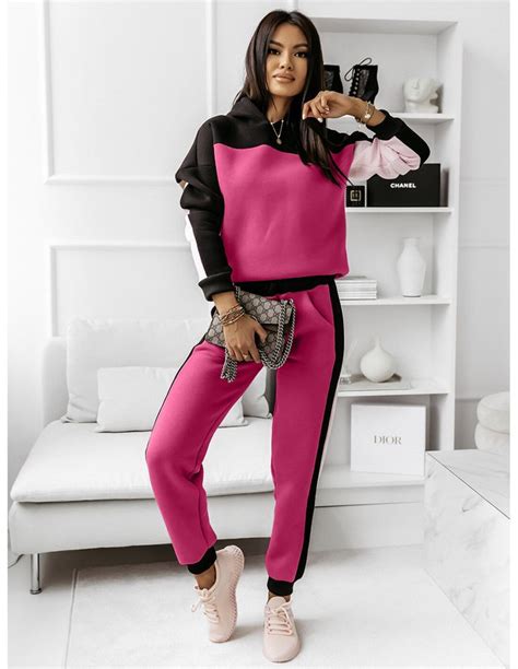 Trójkolorowy Komplet Dresowy Relax Fuksjowy Fashion Leather Pants