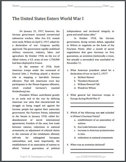 United States Enters World War I Free Printable Reading With