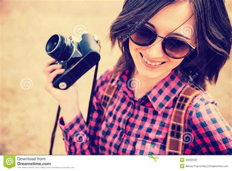 Happy Woman Holds Photo Camera Stock Photo Image Of Accessories