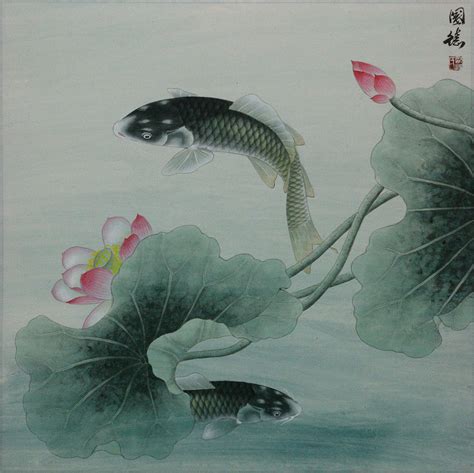 Koi will munch on plants; Koi Fish and Lotus Flower - Subdued Chinese Painting