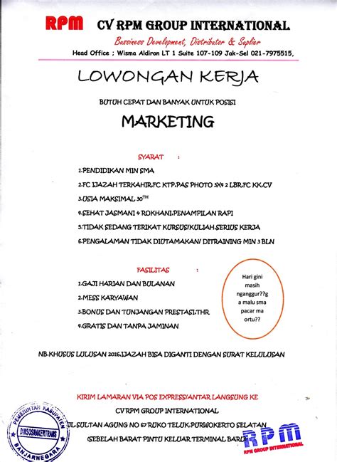 Cv kopi prabu is hirin. Lowongan Marketing CV RPM Group International ...