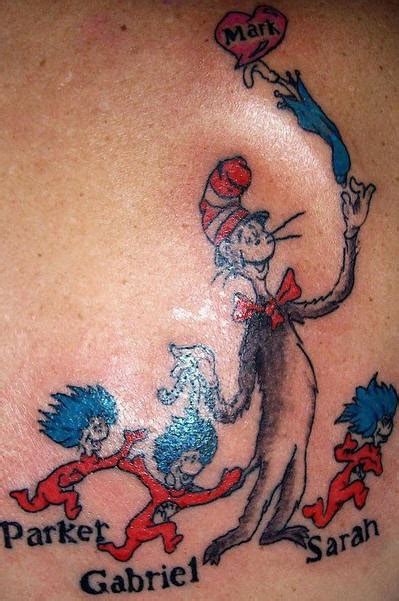 While it is a common practice among many cultures to get name tattoo of their own but getting tattooed with the name of your loved one is a romantic feeling that can't be described. Cat in hat with kids names - Tattooimages.biz