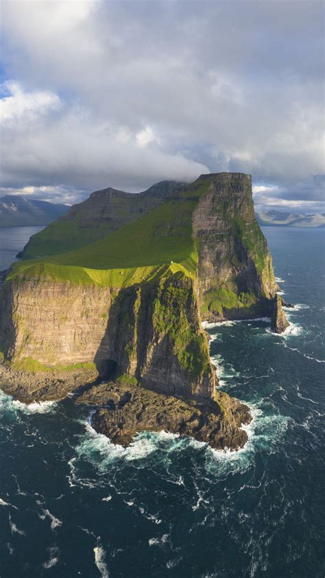 Aerial Panorama Of Kallur Lighthouse And Cliffs Kalsoy Island Faroe