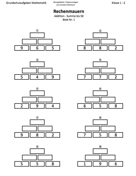Klasse auch wird wert gelegt auf eine visuell ansprechende gestaltung der arbeitsblätter, damit für die kinder auch ein. Rechenmauern Bis 50 | Arbeitsblätter 1 Klasse Mathefritz ...